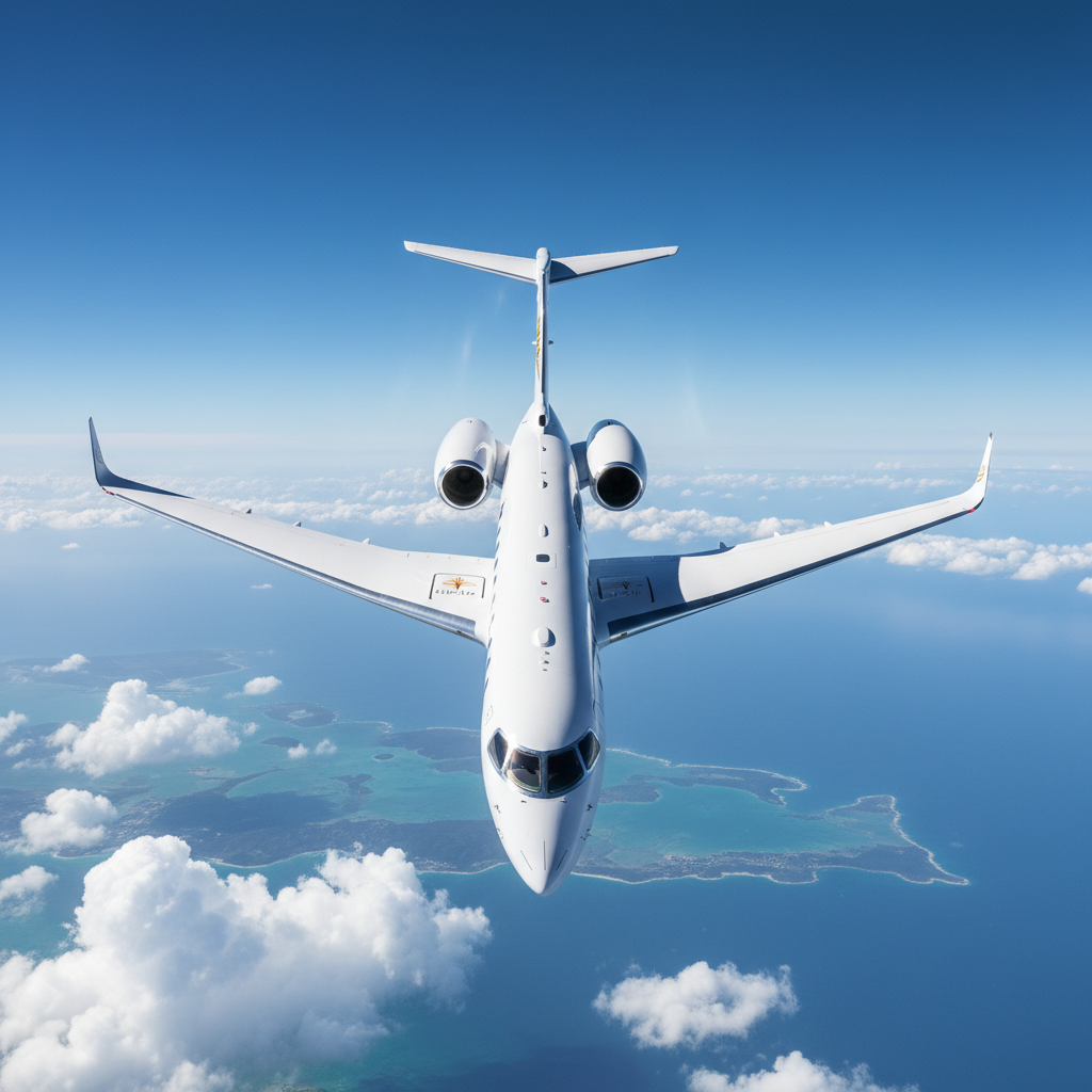 An aerial shot of a private jet mid-flight against a bright blue sky, representing the convenience and speed of charter jet services for luxury travelers.
