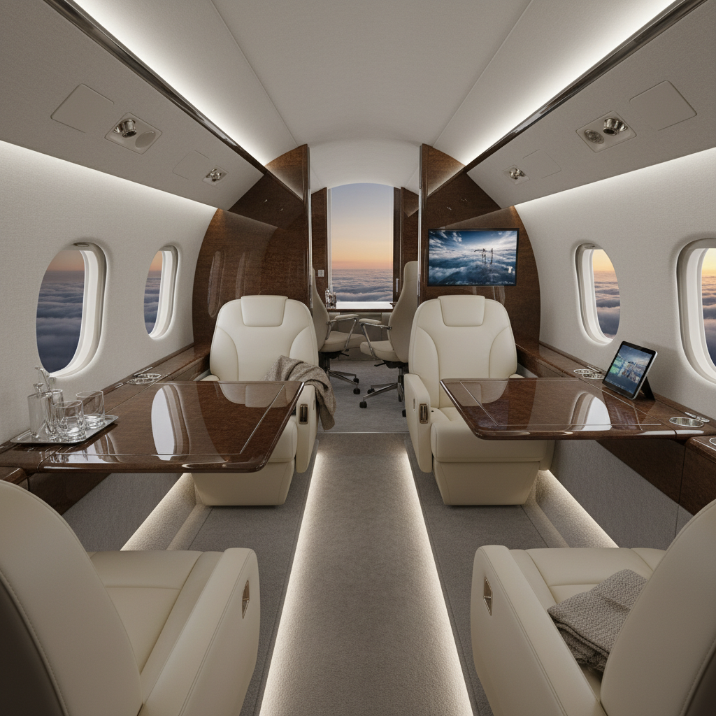 Stylish, modern interior of a private jet showing the comfortable leather chairs, private workspace and high-end amenities. The image is a representation of the luxury, comfort, and privacy of traveling via private jet.