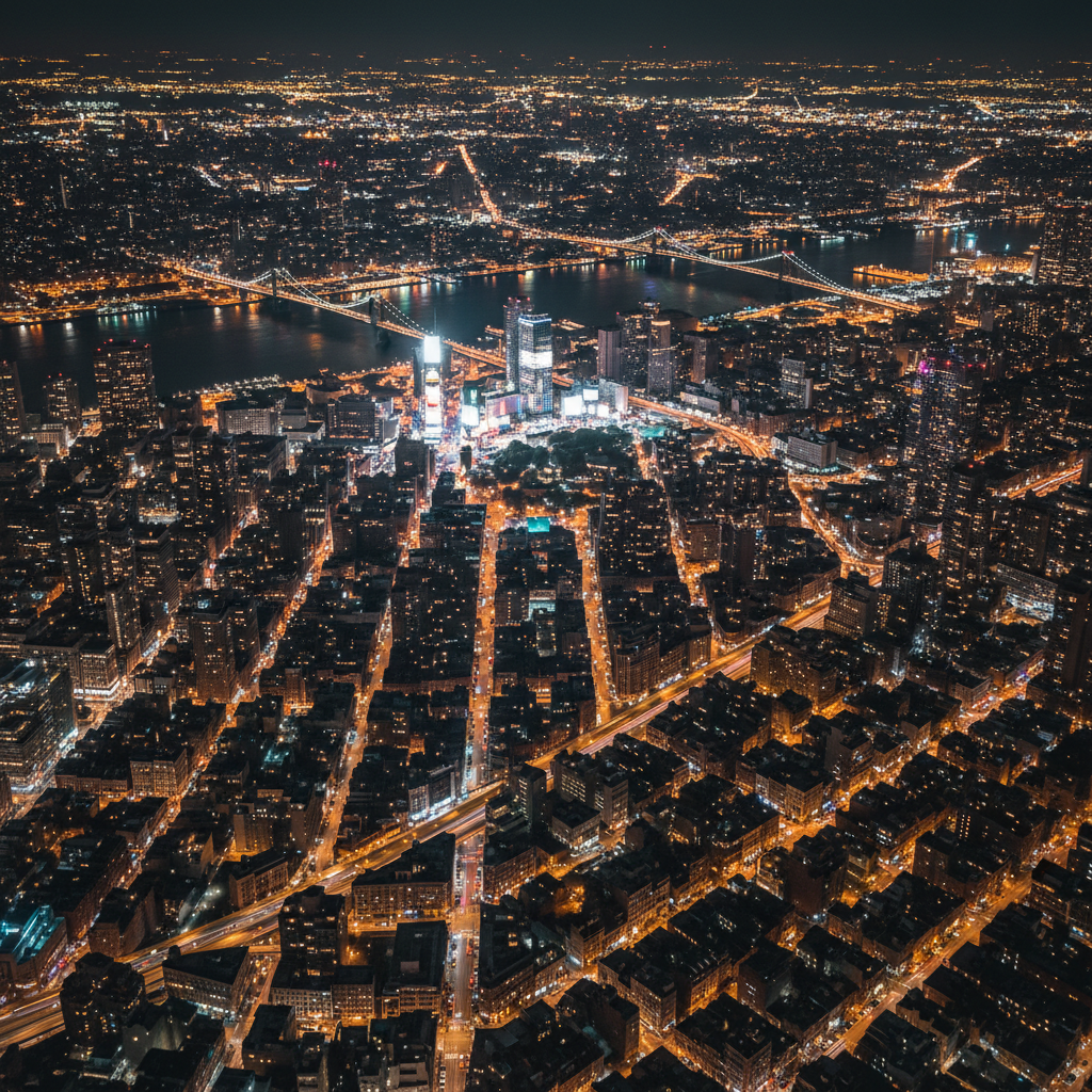 An overhead shot of New York City with glowing city lights at night. A visual representation of the city that never sleeps.