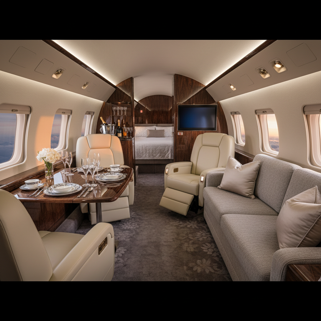 A luxurious private jet showcasing its spacious, comfortable interiors and high-end amenities.